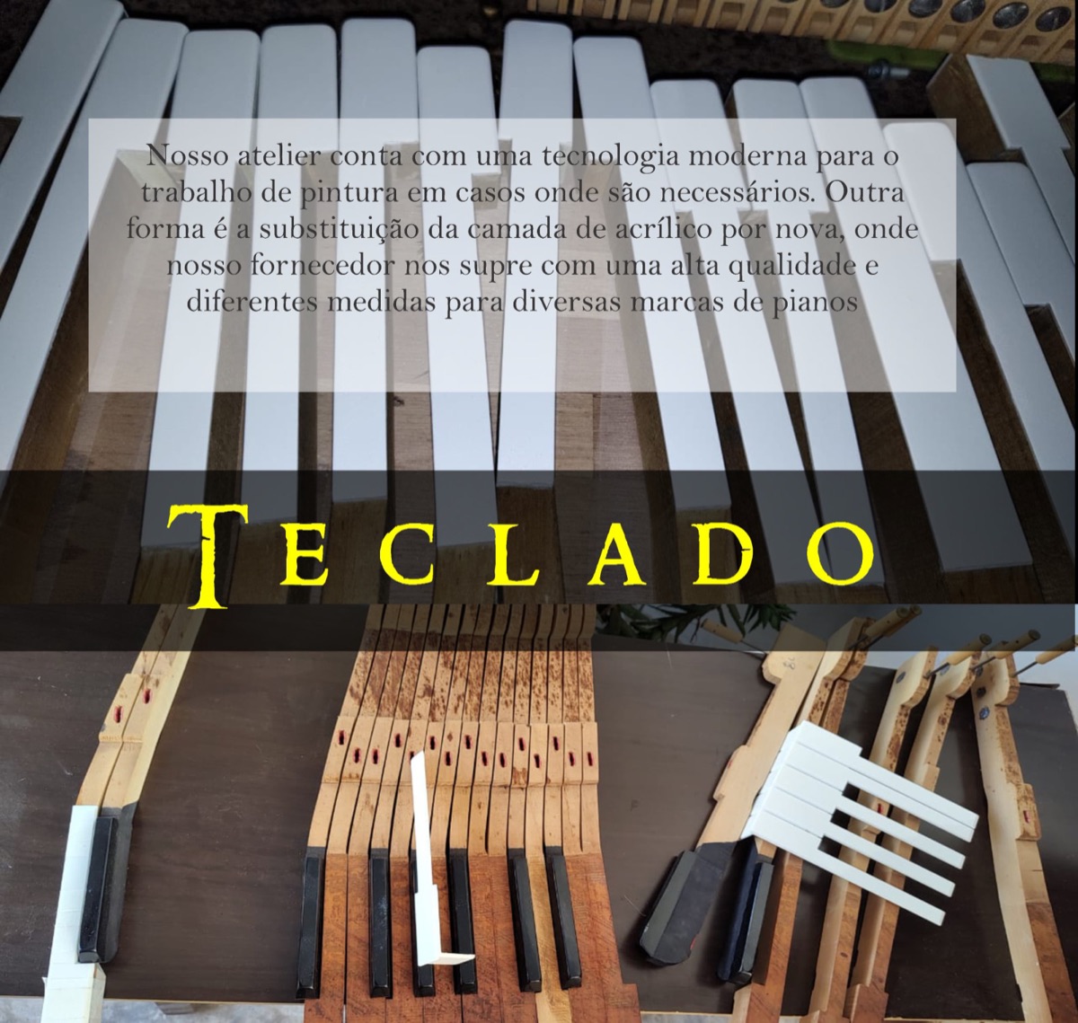 Teclas de piano desmontadas no ateliê